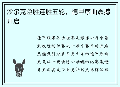 沙尔克险胜连胜五轮，德甲序曲震撼开启